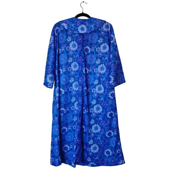 Vtg 60s 70s Blue Boho Mod Floral Housecoat L/XL Cottagecore Dress Velvet Buttons - Picture 2 of 9